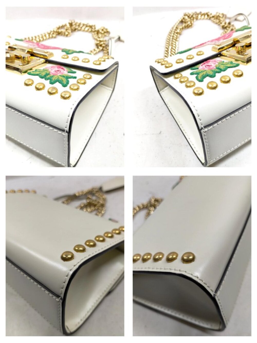 Authentic Gucci Padlock Embroidered Floral Studded White Leather Chain Crossbody - Picture 9 of 16